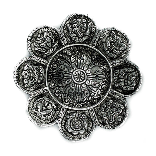 PortaIncienso Símbolos Tibetanos Aluminio Pulido 12cm - Portainciensos de aluminio hechos a mano