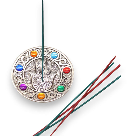 Porta-incienso Hamsa Siete Chakras 11.5cm - Portainciensos de aluminio hechos a mano