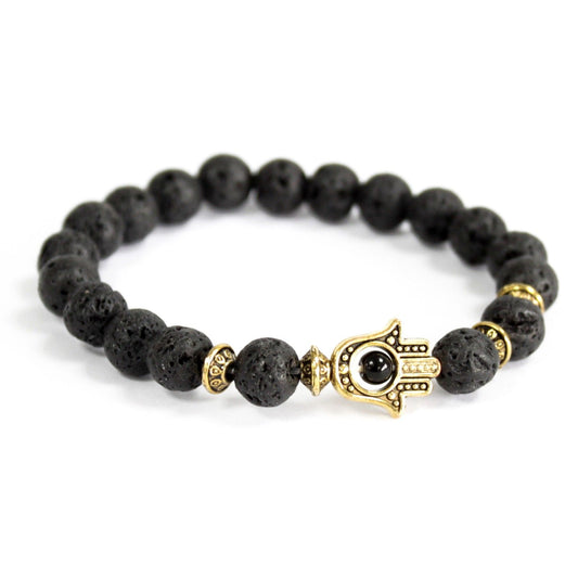 Hamsa doré / pierre de lave - bracelet en pierres précieuses