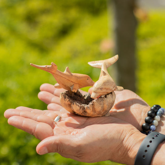 Handmade Parasite Wood Art Carving - Playing Dolphins