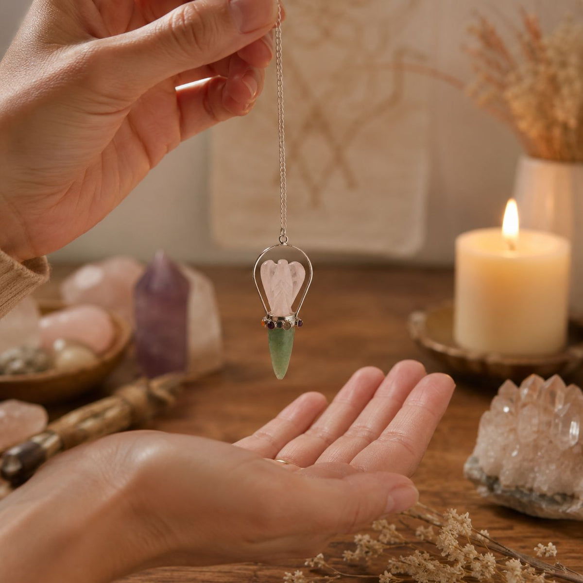 El Oráculo del Corazón - Péndulo de Ángel de Dos Piezas - Banda de Chakras - Cuarzo Rosa y Aventurina Verde - Péndulos Especi