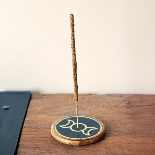 Oro y negro sobre madera de mango - Triple Luna - Soporte de Incienso