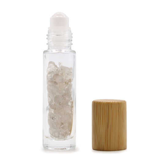 Botella de rodillo de aceite esencial de piedras preciosas - Cuarzo de roca - Tapa de madera - Botellas Roll-on con gemas 10m