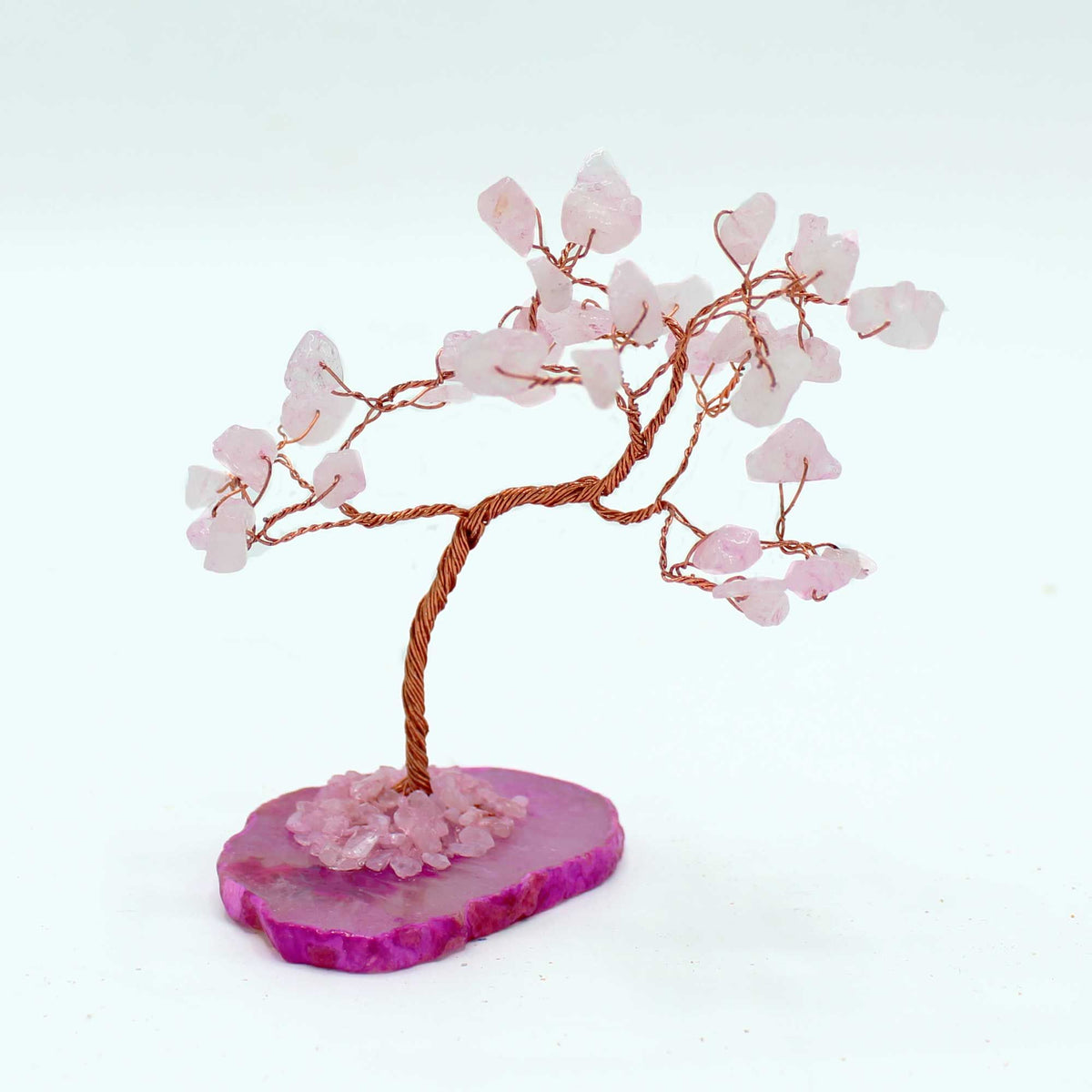 Árbol de piedras preciosas: Cuarzo rosa sobre base de ágata rosa (35 piedras) - Gemstone Wishing Trees