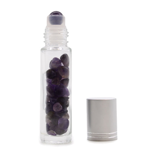 Botella de rodillo de aceite esencial de piedras preciosas - Amatista - Tapa plateada - Botellas Roll-on con gemas 10ml