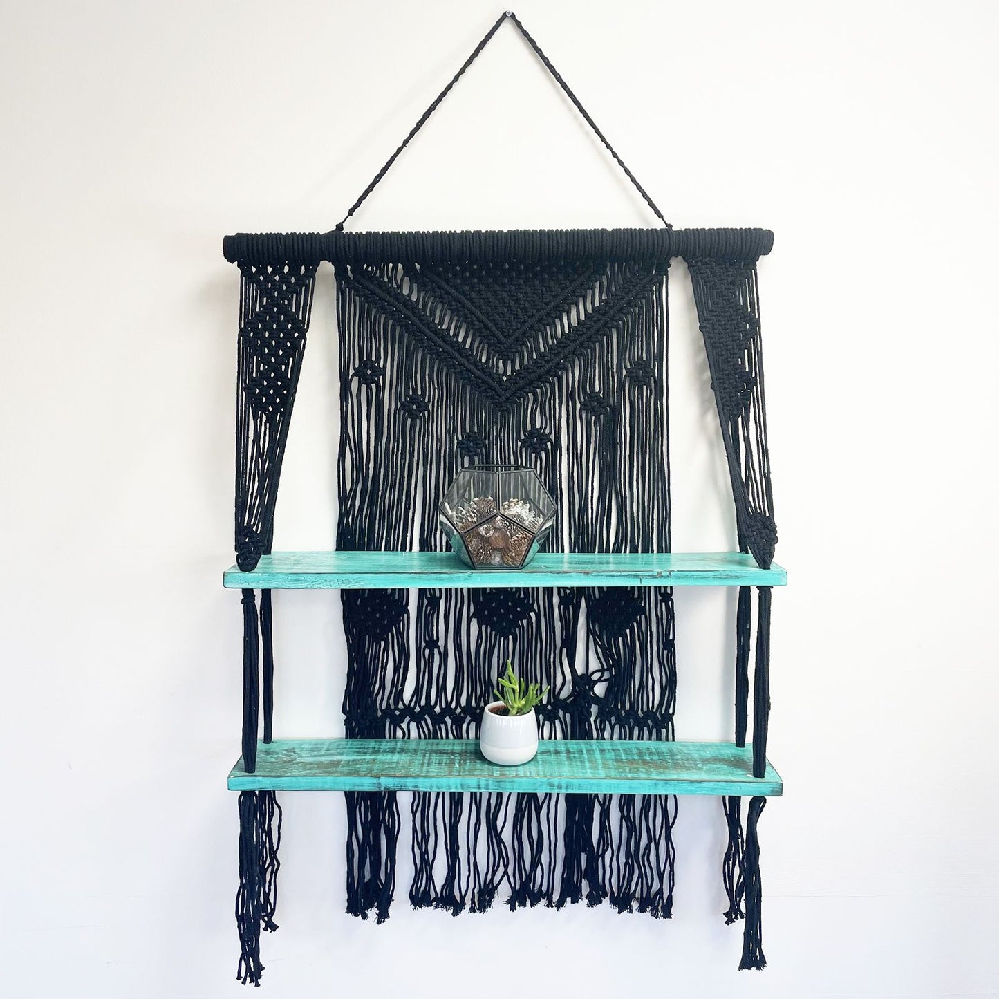 Estantes Colgantes de Macramé Negro - Turquesa