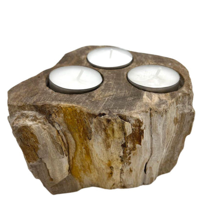 Portavelas de Madera Petrificada - Triple - Portavelas de piedra en madera petrificada