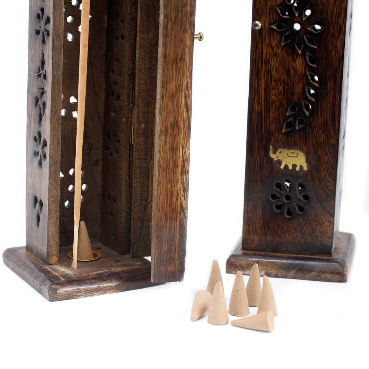 Square Incense Tower - Brass inlay - Mango Wood - Soporte de Incienso