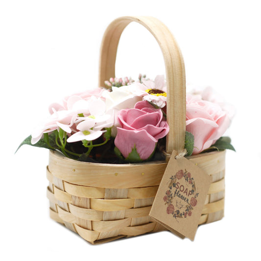 Ramo de Flores de Jabón en Cesta de Mimbre · Rosa