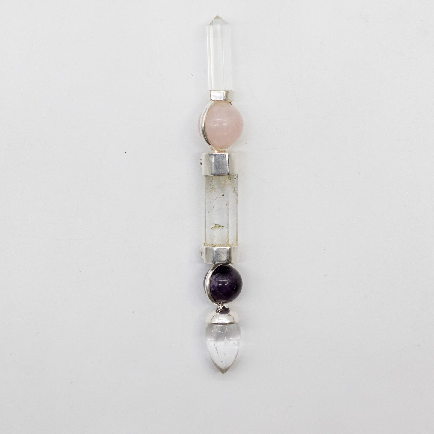 Varita Axis of Grace - Esferas de amatista y cuarzo rosa, tallo de cuarzo - 12 cm