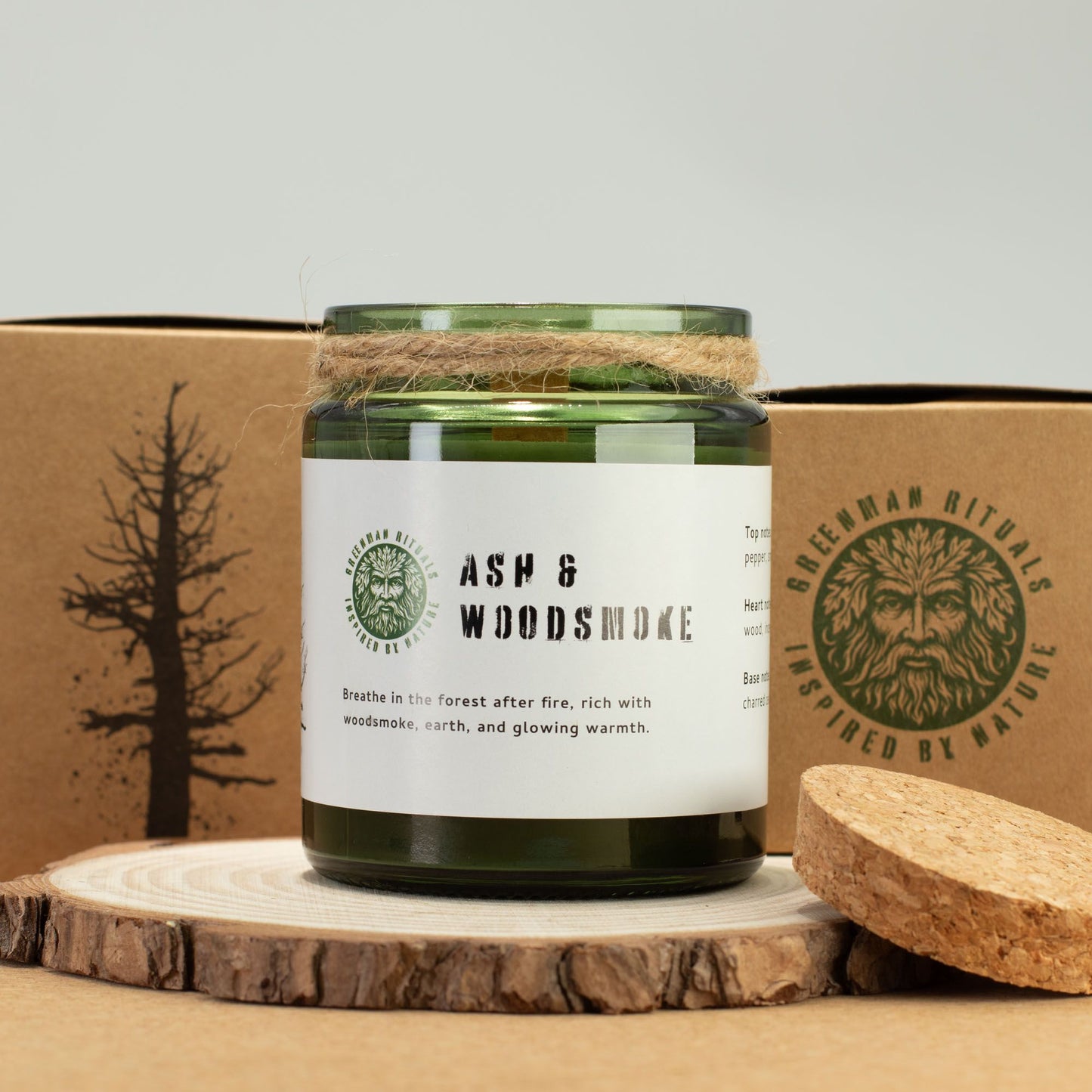 Greenman Woodwick Vela de soja - Ceniza y Humo de Madera - Velas de soja Woodwick de Greenman Rituals, 26 horas