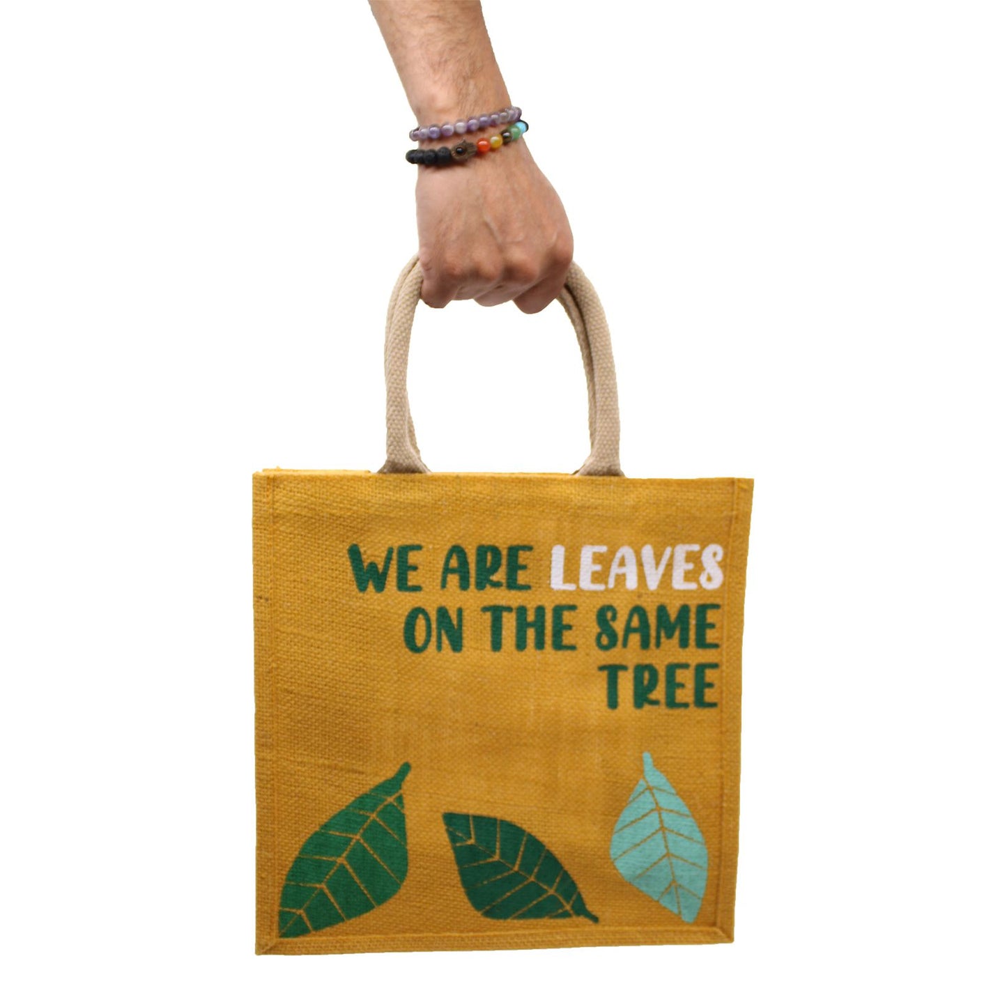 bolsa de yute estampada - Somos hojas - Amarillo, Azul y Natural