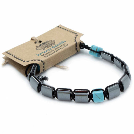 Bracelet Magnétique Shamballa en Hématite - Cubes Turquoise