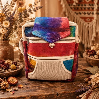 Dyed hemp messenger bag with 2 zippers and flap