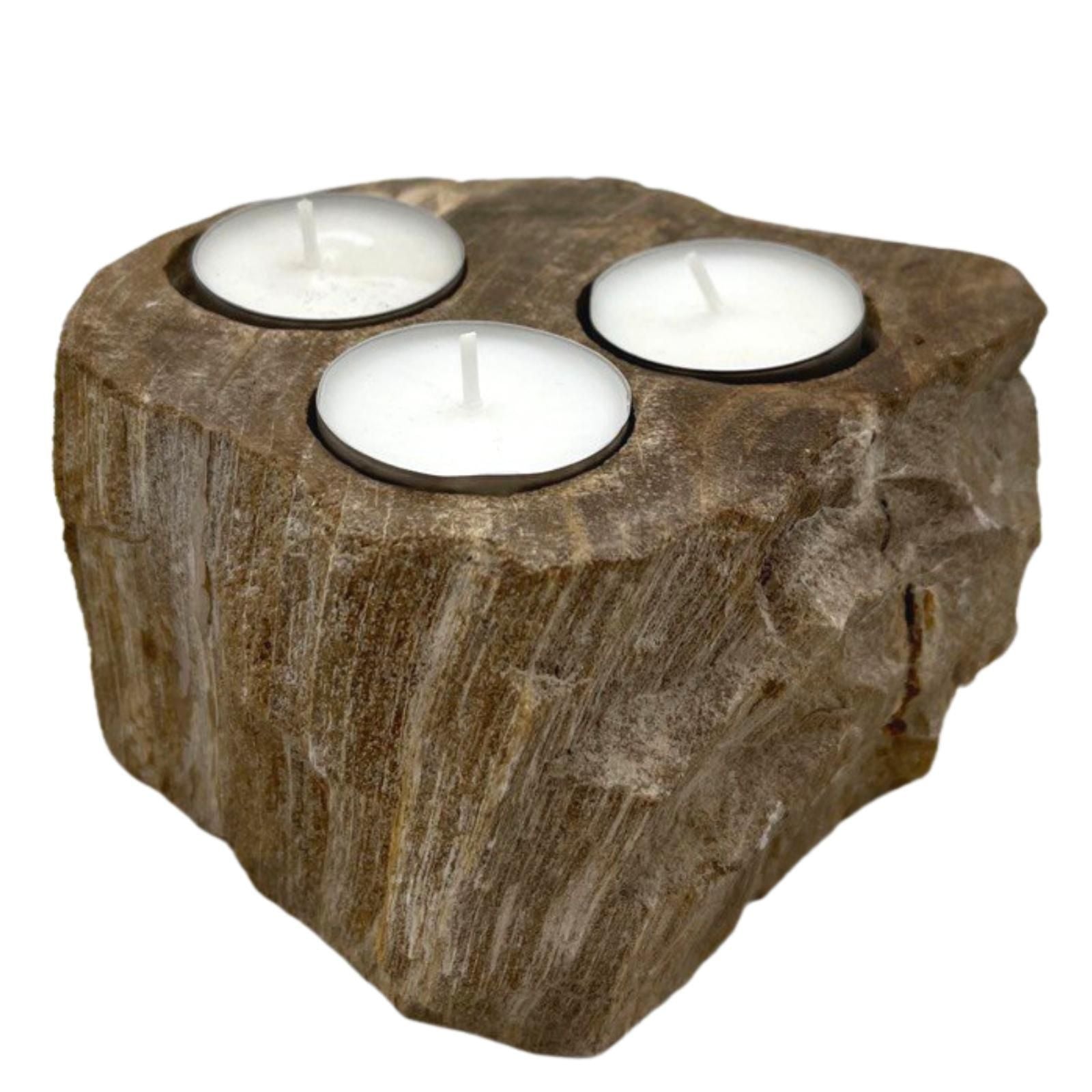 Portavelas de Madera Petrificada - Triple - Portavelas de piedra en madera petrificada