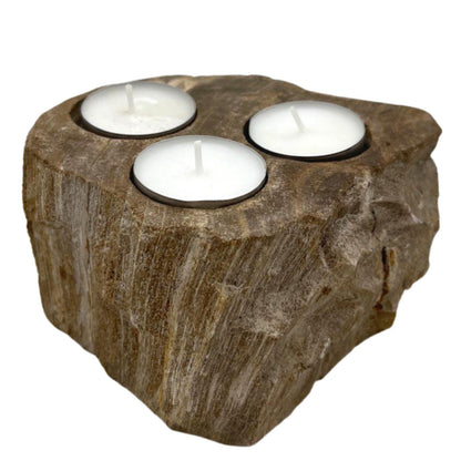 Portavelas de Madera Petrificada - Triple - Portavelas de piedra en madera petrificada