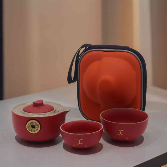 Set de tetera - Gato del Dinero - Dos tazas & Estuche de viaje - Rojo - Juego de tetera de hierbas | El Bazar de Tizar