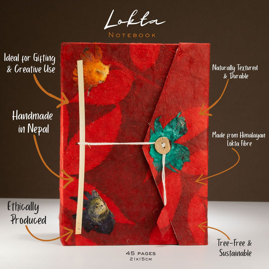 Lokta Bold Floral Notebook – Grande (21x15cm) – 45 hojas – Incluye marcador – rubí