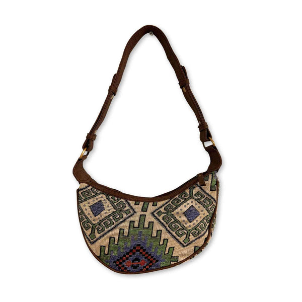 Sac hobo en jacquard - Vert géométrique (bandoulière marron)