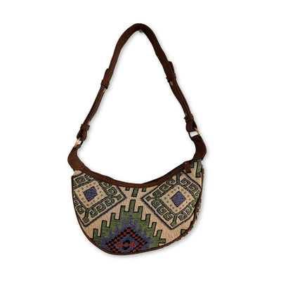 Sac hobo en jacquard - Vert géométrique (bandoulière marron)