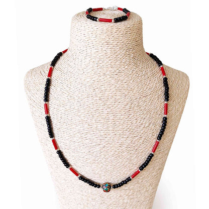 Collar con colgante Om nepalí de ónix y coralita - (50 cm) y pulsera - (17 cm) juego