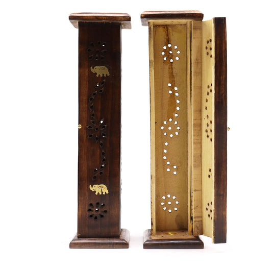Square Incense Tower - Brass inlay - Mango Wood - Soporte de Incienso