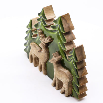 Perdido en el bosque - Dos ciervos en el bosque  Decoración de madera 3D - 18x23cm