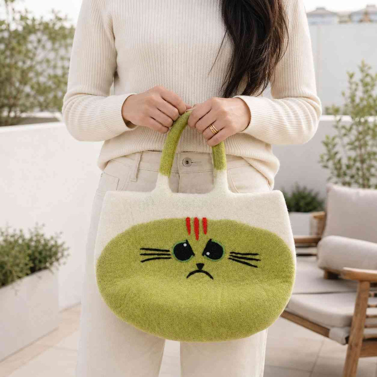 Bolso de fieltro grande de gato gruñón
