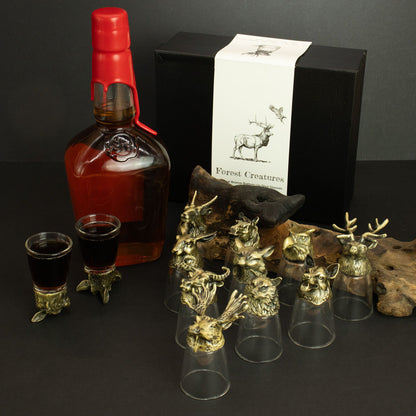 Conjunto de regalo de 12 vasos de chupito Bottom Up (25ml) - Bosque y Criaturas Místicas - Bronce Antiguo