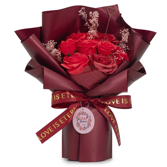Bouquet de roses rouges en savon · «L'amour est éternel» · Avec carte
