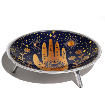 Plato de ofrendas esmaltado con tres patas - Hamsa azul medianoche
