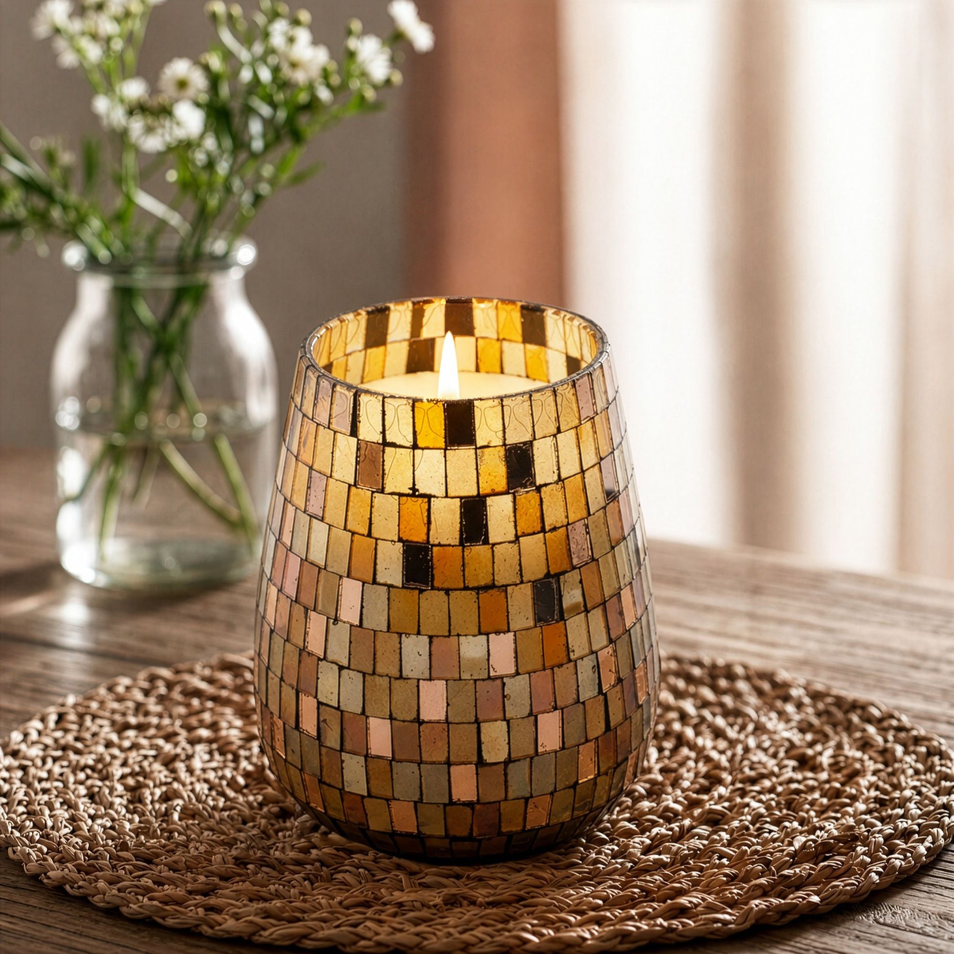 Velas en tarro de vidrio alto - mosaico ámbar - Velas en tarros de vidrio, 150 horas