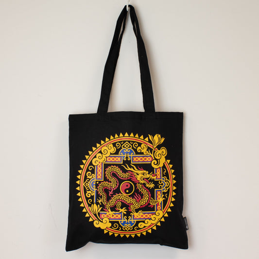 Bolso tote icónico y clásico - Dragón Yin y Yang - Negro 6 oz | Bolso Básico Icónico | El Bazar de Tizar