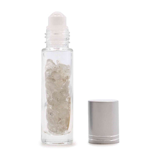 Botella de rodillo de aceite esencial de piedras preciosas - Cuarzo de roca - Tapa plateada - Botellas Roll-on con gemas 10ml