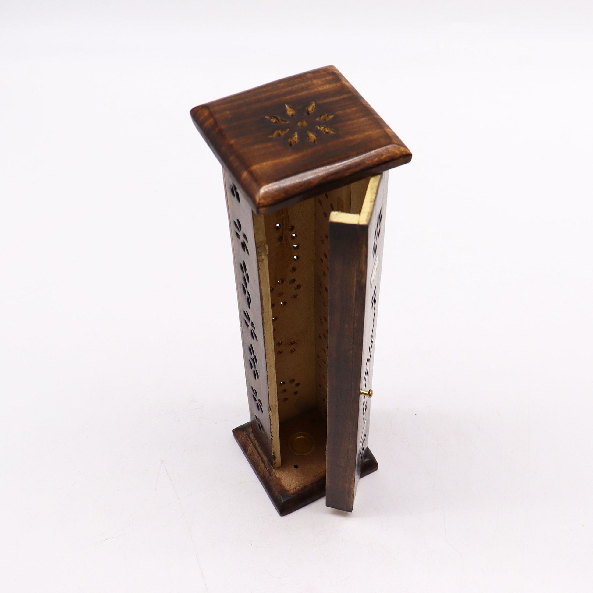 Square Incense Tower - Brass inlay - Mango Wood - Soporte de Incienso