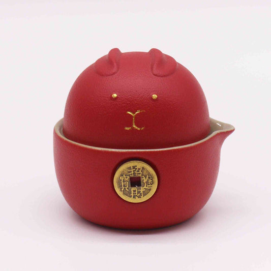 Set de tetera - Gato del Dinero - Dos tazas & Estuche de viaje - Rojo