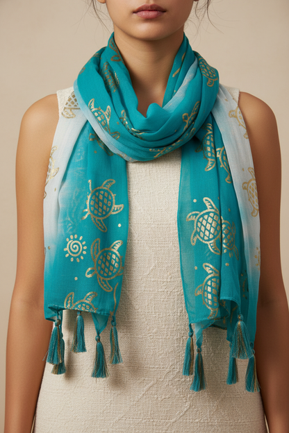 Nomad Sari Pañuelo de Verano – Estampado de Tortugas – Turquesa (180 × 50 cm)