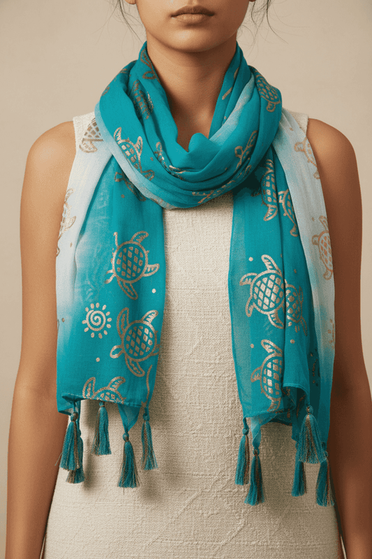 Nomad Sari Pañuelo de Verano – Estampado de Tortugas – Turquesa (180 × 50 cm) - algodón boho chic bufanda ligera | El Bazar d