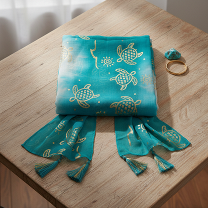 Nomad Sari Pañuelo de Verano – Estampado de Tortugas – Turquesa (180 × 50 cm)