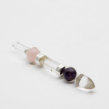 Varita Axis of Grace - Esferas de amatista y cuarzo rosa, tallo de cuarzo - 12 cm