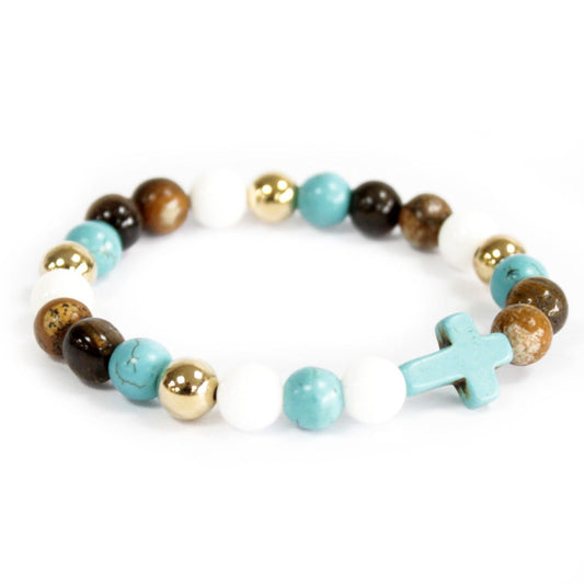 Croix turquoise / Perles royales - Bracelet de pierres précieuses