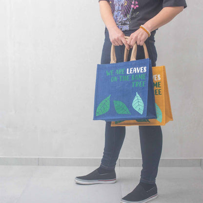 bolsa de yute estampada - Somos hojas - Amarillo, Azul y Natural