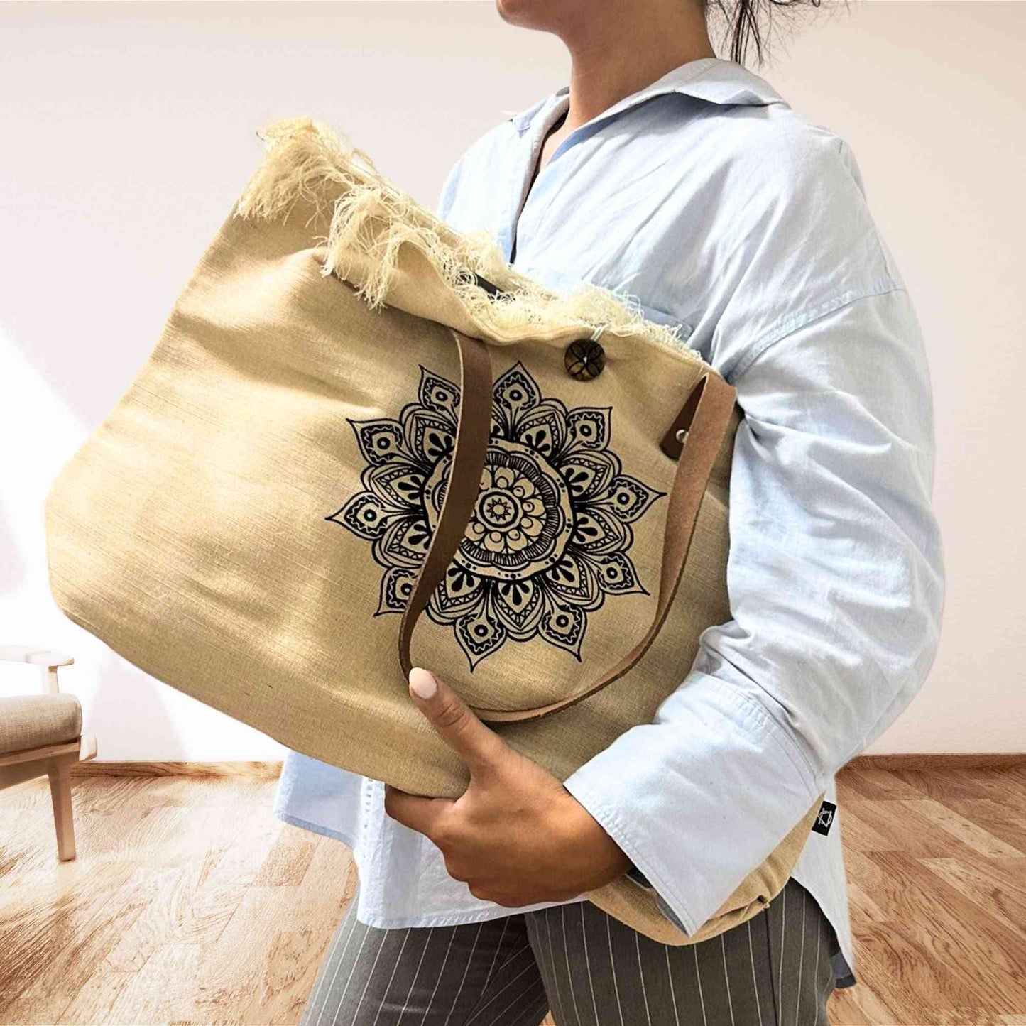 Bolso Natural Asa de Piel - Flor de la Vida