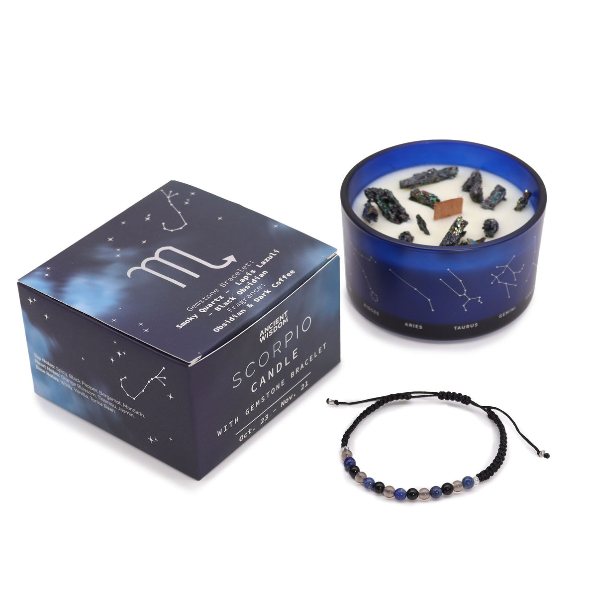 Vela de Cristal del Zodiaco con Pulsera de Piedras Preciosas - Escorpio - Velas de cristal del zodiaco con brazalete de piedr
