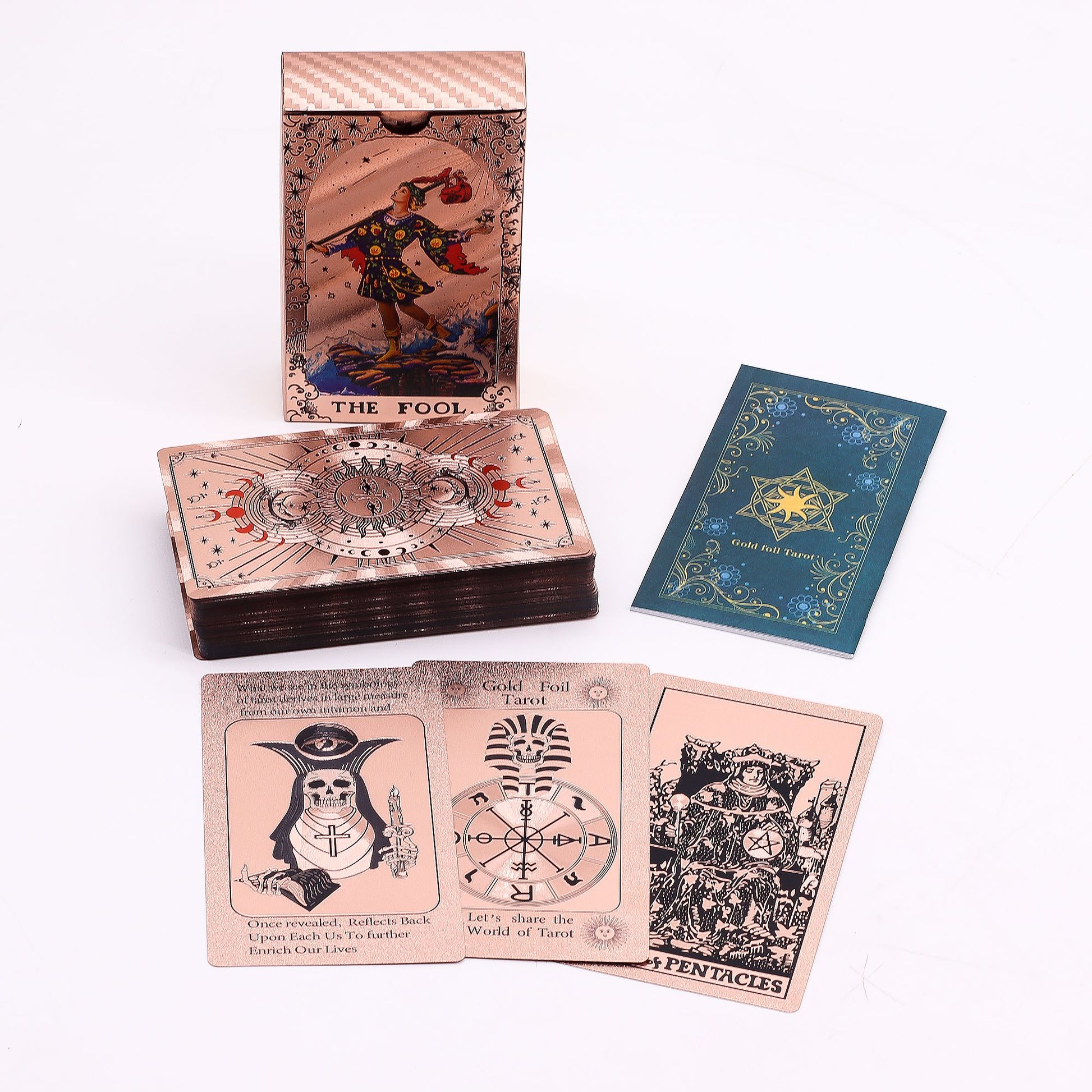 Set de cartas de Tarot con foil en oro rosa - Fase lunar - con folleto - Cartas del Tarot y paños de lectura