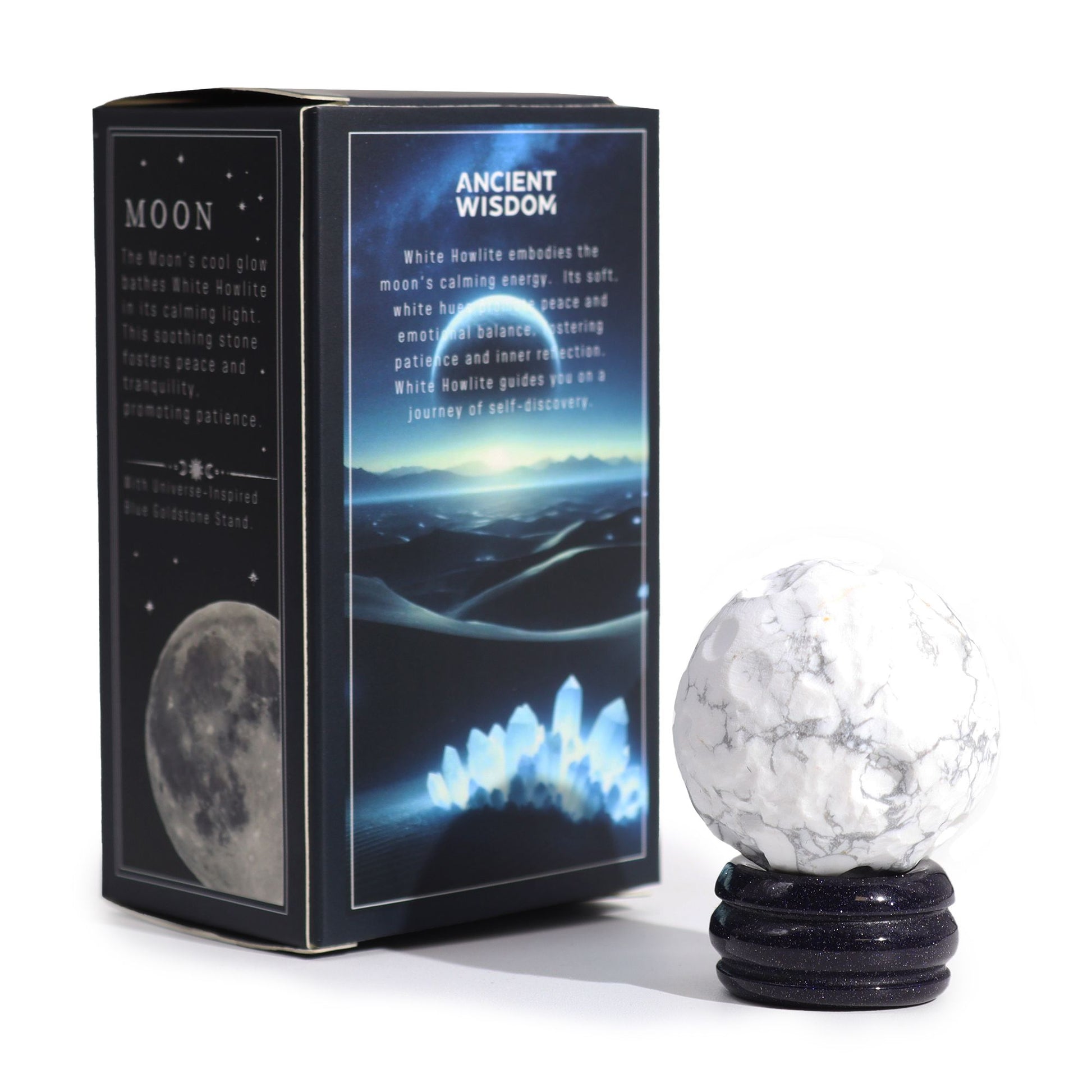 1x Planeta Howlite Blanco con Soporte Solar (LUA) - 40mm - Planetas de piedras preciosas con apoyo solar