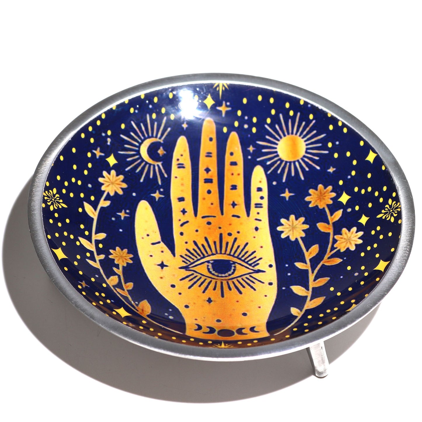 Plato de ofrendas esmaltado con tres patas - Hamsa azul medianoche