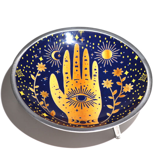 Plato de ofrendas esmaltado con tres patas - Hamsa azul medianoche