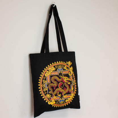 Bolso tote icónico y clásico - Dragón Yin y Yang - Negro 6 oz