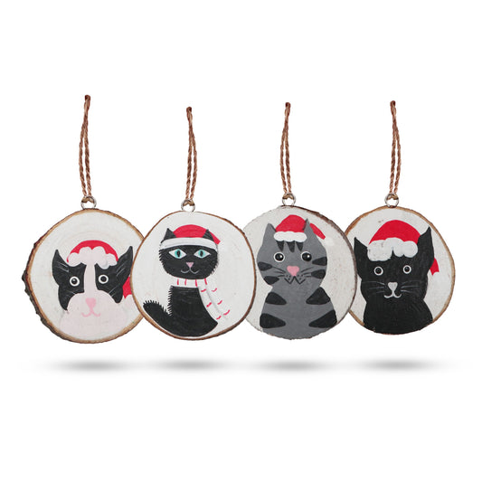 Gatos navideños - Decoración navideña de troncos pintada a mano (set 4) - Adornos navideños de madera pintados a mano